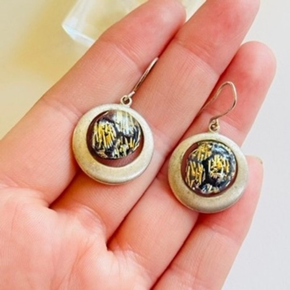 VTG BOHO Dichroic art Glass Earrings Dangle Pierced Confetti 925 sterling Silver